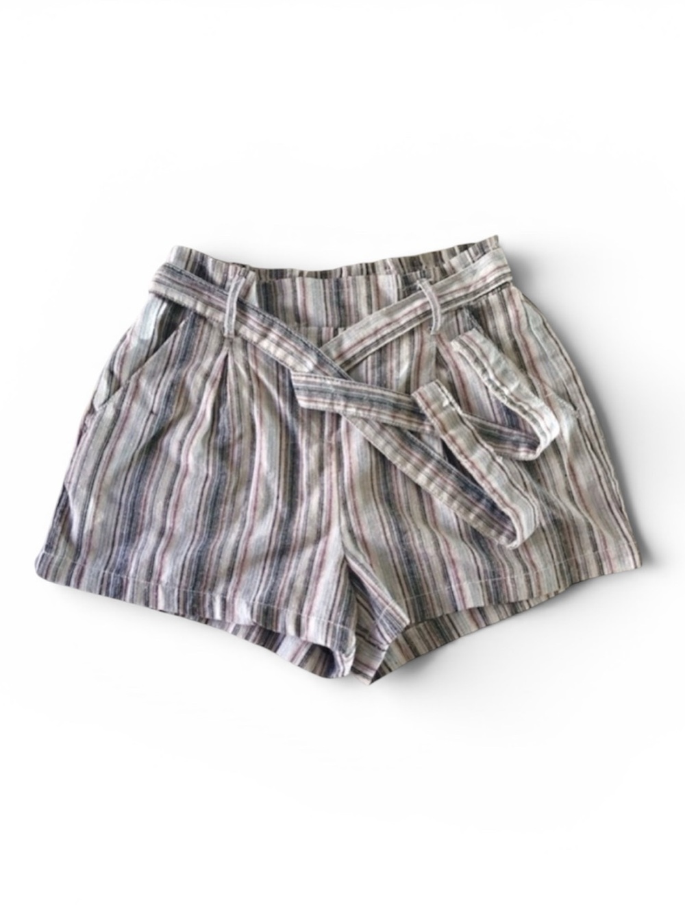 CI SONO Striped Linen-Blend Tie Waist Short SMALL